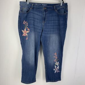Embroidered Floral Boyfriend Jeans Womens 20W Butterfly Boho Cottagecore Stretch